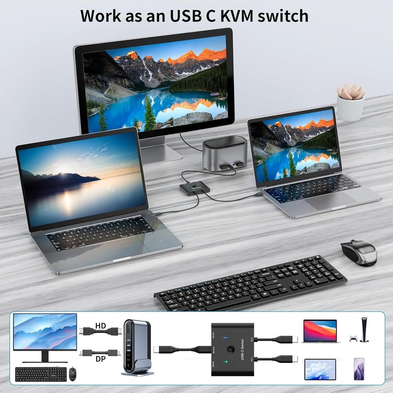 MLEEDA USB C Switch,Bi-Directional USB C Switcher 2 Computers, USB Type C KVM Switch 8K@60Hz 4K@120Hz Video/10Gbps Data Transfer/100W Charging,Compatible with Thunderbolt Device,USB-C Cables Included - Image 3